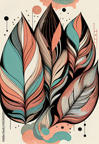 Abstrakcyjna grafika boho – kolorowy wektorowy wzór organiczny, nowoczesna ilustracja artystyczna, styl surrealistyczny, fantazyjne linie, liście i pióra, elegancki design dekoracyjny, harmonia natury