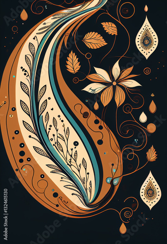 Abstrakcyjna grafika boho – kolorowy wektorowy wzór organiczny, nowoczesna ilustracja artystyczna, styl surrealistyczny, fantazyjne linie, liście i pióra, elegancki design dekoracyjny, harmonia natury