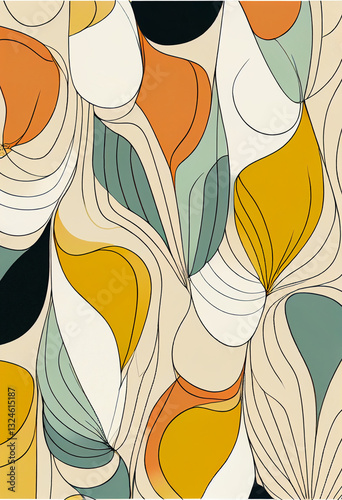 Abstrakcyjna grafika boho – kolorowy wektorowy wzór organiczny, nowoczesna ilustracja artystyczna, styl surrealistyczny, fantazyjne linie, liście i pióra, elegancki design dekoracyjny, harmonia natury