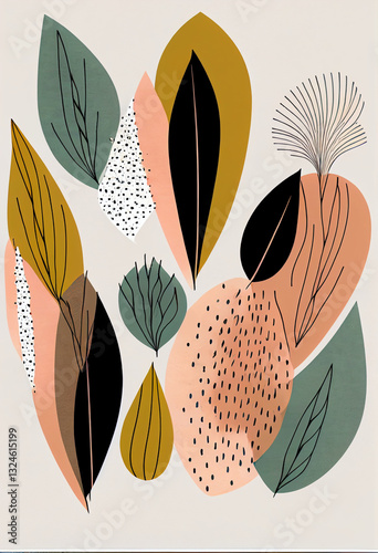 Abstrakcyjna grafika boho – kolorowy wektorowy wzór organiczny, nowoczesna ilustracja artystyczna, styl surrealistyczny, fantazyjne linie, liście i pióra, elegancki design dekoracyjny, harmonia natury