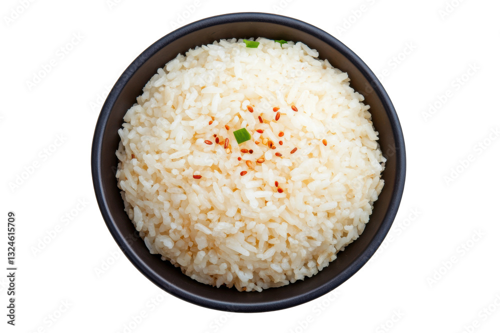 Steamed rice bowl with spices and chives topping, cut out Steamed rice bowl with spices and chives topping, cut out