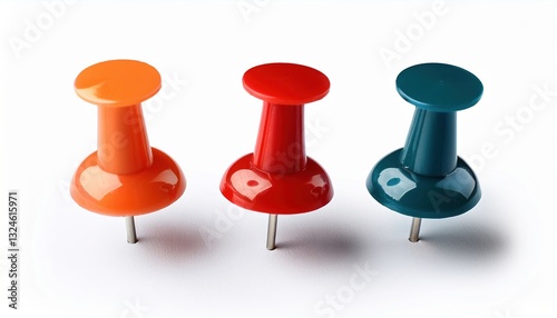 Colorful push pins arranged in a row on a white background with unique shapes