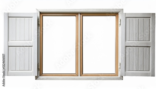 Wooden window with open shutters showcasing empty view from a bright room