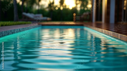 Tranquil poolside sunset scene