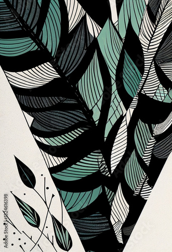 Abstrakcyjna grafika boho – kolorowy wektorowy wzór organiczny, nowoczesna ilustracja artystyczna, styl surrealistyczny, fantazyjne linie, liście i pióra, elegancki design dekoracyjny, harmonia natury