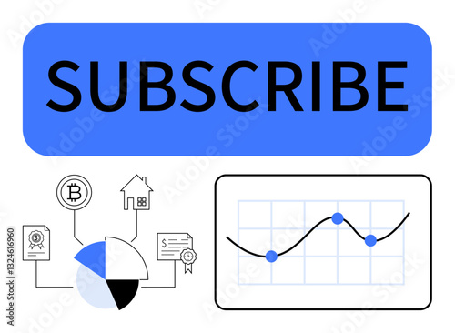 Subscribe button, pie chart, financial icons, line graph with data points. Ideal for finance, investment, growth strategy, data analytics, business planning marketing and flat simple metaphor