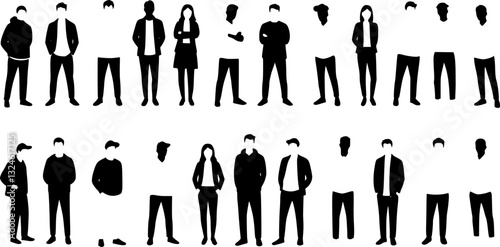 Large group of people standing in different positions, full length, contours. Vector illustration
