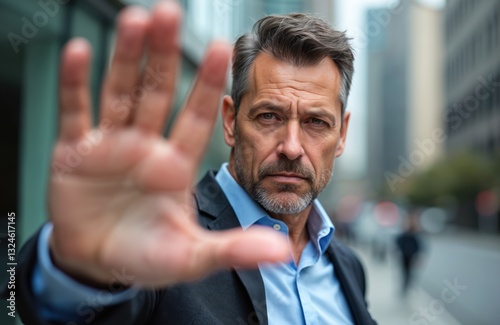Serious businessman shows stop sign with hand. Mature male expressing denial, disapproval, disagreement outdoor in city. Concept of rejection, declining, refusal. Metaphor for veto, prohibition,