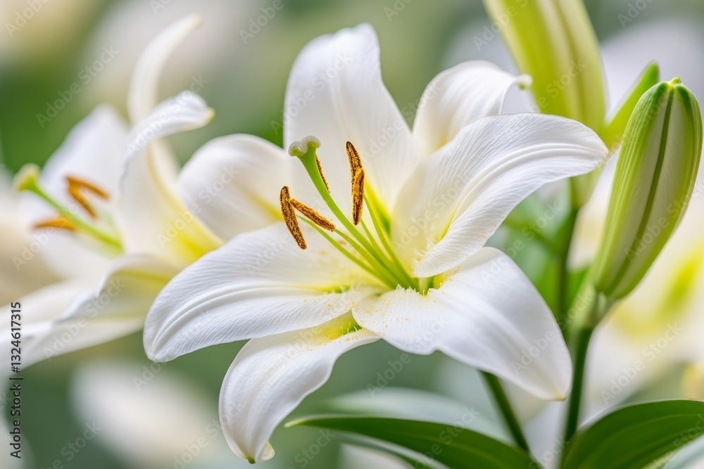 A bee collecting pollen from a white lily, with its tiny legs dusted in yellow pollen A bee collecting pollen from a white lily, with its tiny legs dusted in yellow pollen