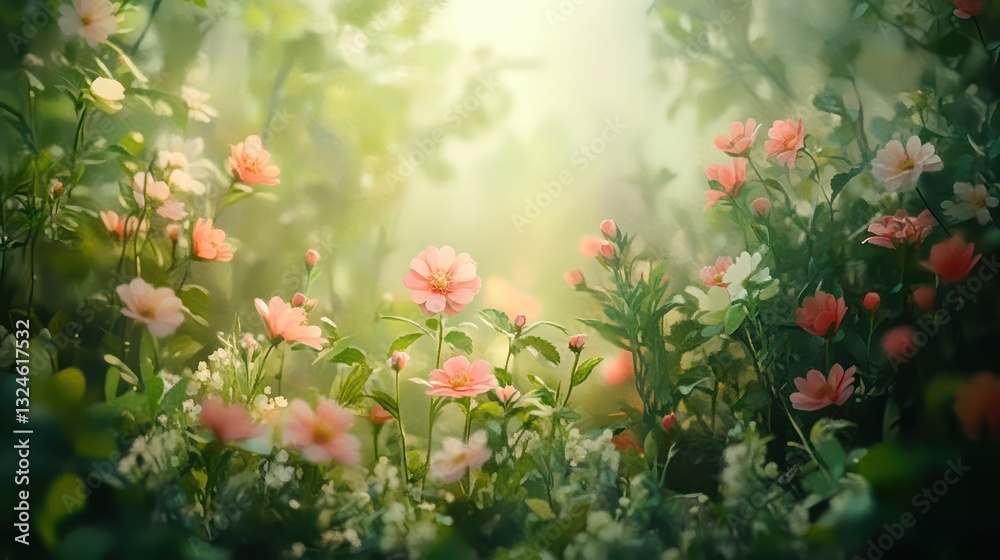 Lush flowering meadow in the bright sunlight within a forest Lush flowering meadow in the bright sunlight within a forest