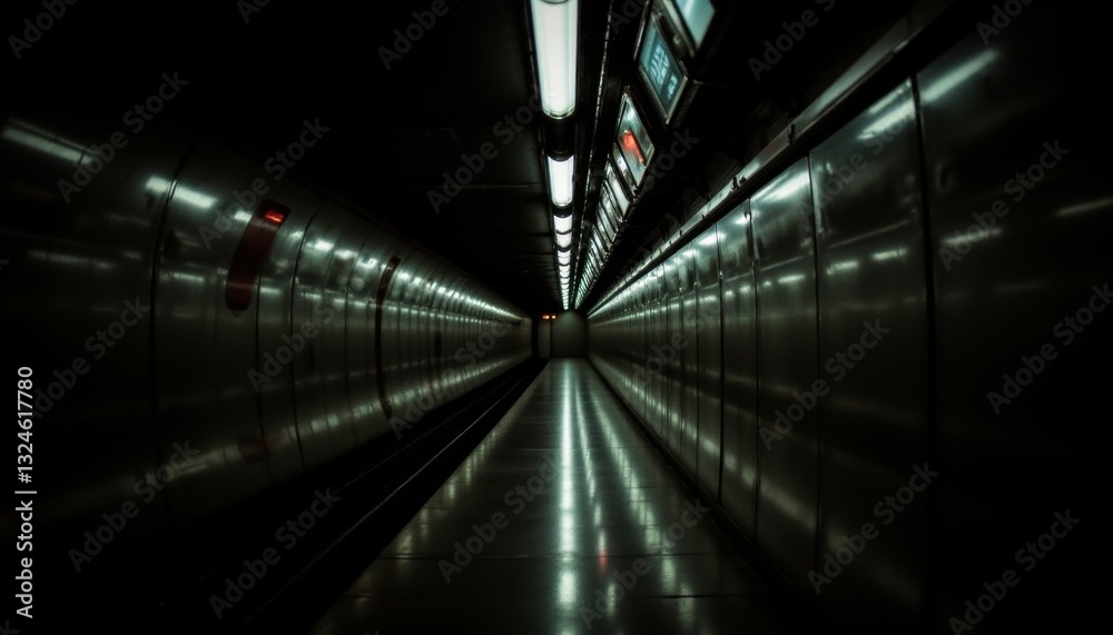 Fototapeta premium The subway tunnel was dimly lit, casting dramatic shadows that danced along the walls as the flickering lights overhead created mesmerizing reflections on the slick, damp surfaces.