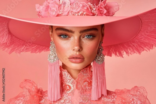 A bohemian-inspired maxi dress in Viva Magenta with floral embroidery and tassels, styled with a wide-brimmed hat