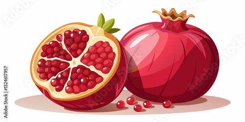Whole & Halved Red Pomegranate – AI-Generated Fruit Photography Isolated on White.