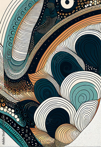 Abstrakcyjna grafika boho – kolorowy wektorowy wzór organiczny, nowoczesna ilustracja artystyczna, styl surrealistyczny, fantazyjne linie, liście i pióra, elegancki design dekoracyjny, harmonia natury