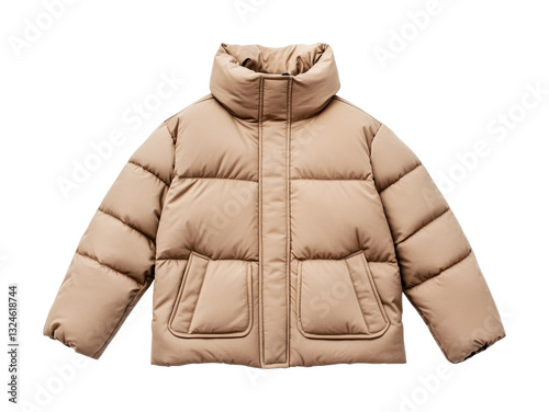 Beige puffer jacket with high collar and front pockets, cut out photo
