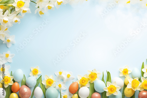 A frame border of Easter eggs in bloom isolated on yellow background