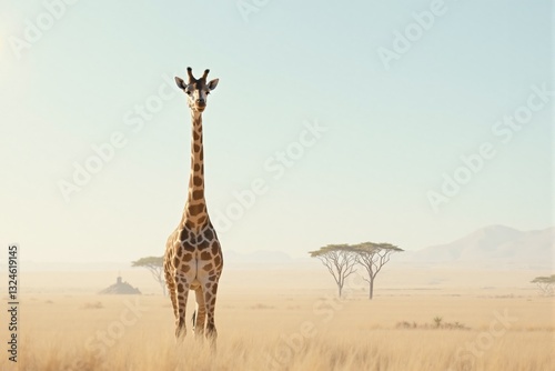 Majestic giraffe standing in the African savanna with acacia trees and distant mountains in soft golden light