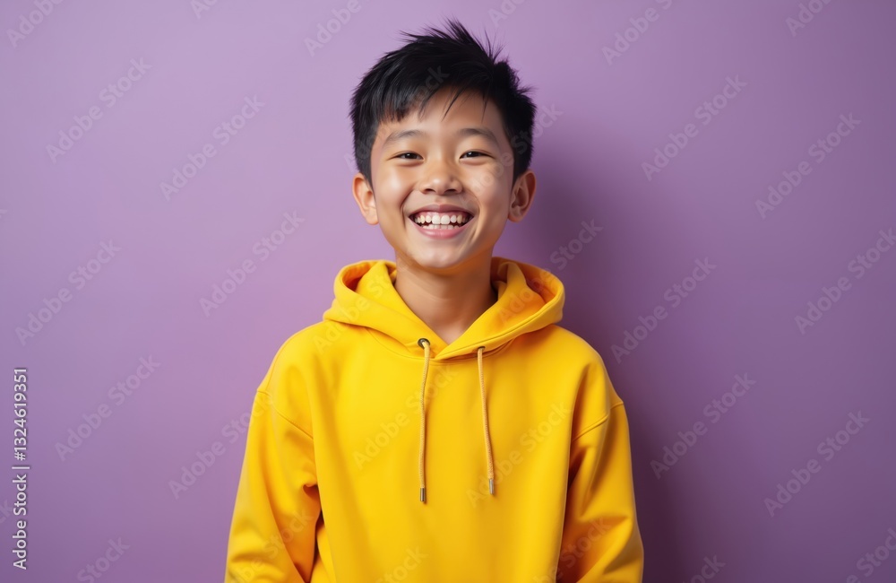 Cheerful asian teenage boy in yellow hoodie against purple background. Happy smiling young guy wears casual outfit. Fashionable person poses, shows positive emotion, perfect for advertising apparel Cheerful asian teenage boy in yellow hoodie against purple background. Happy smiling young guy wears casual outfit. Fashionable person poses, shows positive emotion, perfect for advertising apparel