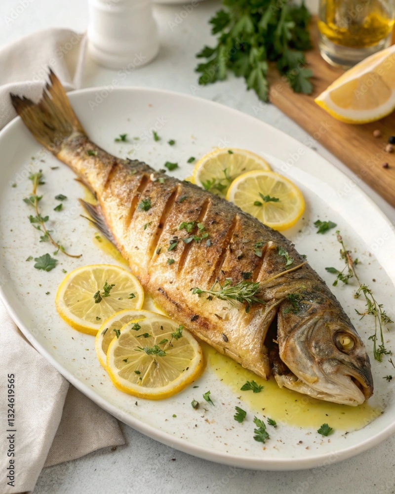 presentation of baked fish on a white oval plate presentation of baked fish on a white oval plate