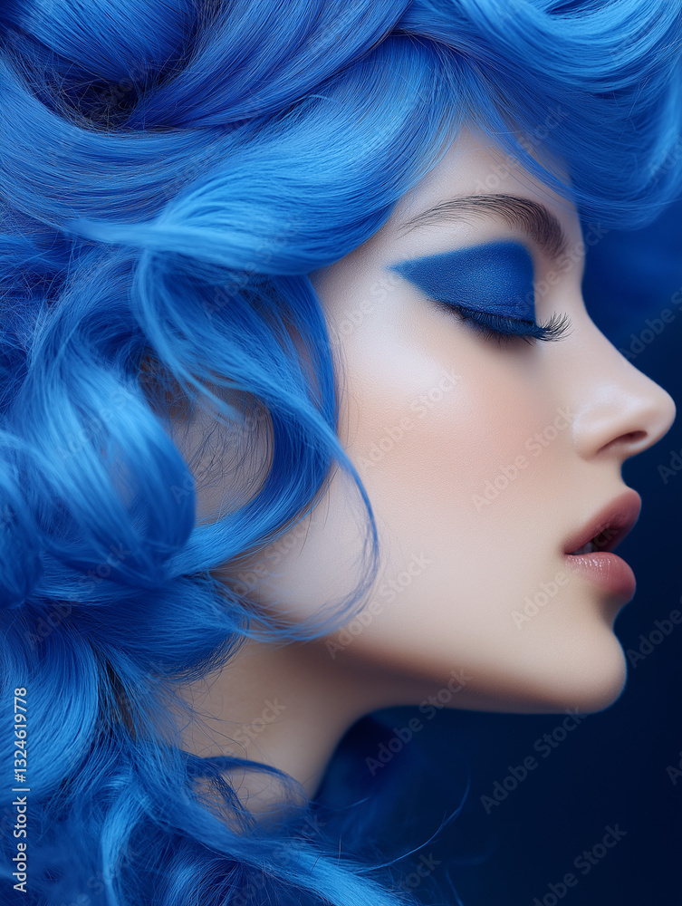 Fototapeta premium vibrant blue hair and blue color makeup of artistic fashion composition, focusing on the interplay of color, texture, and design.