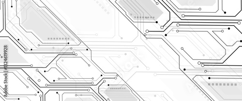 Abstract black circuit diagram on white background. PCB Trace Black and White Engineering Data Communication Concept Vector.