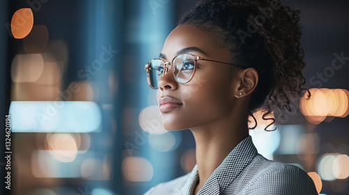 Confident businesswoman, leading a team meeting in sleek modern office, glass walls, digital presentations glowing.