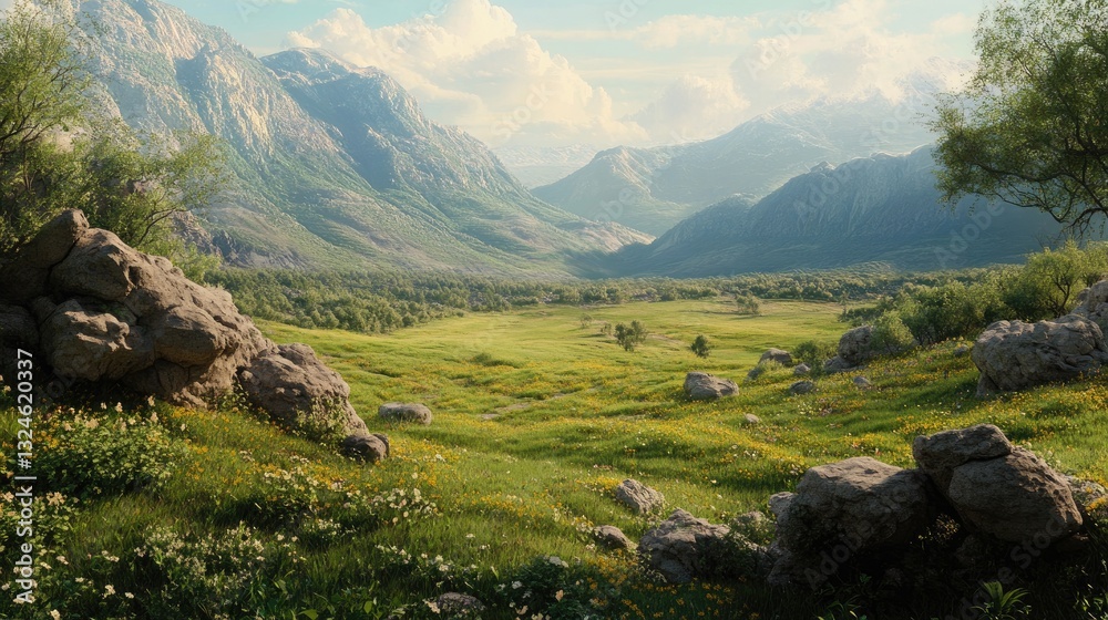 Naklejka premium Serene Mountain Meadow: A Breathtaking Landscape
