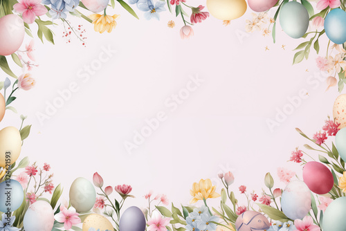 A frame border of Easter eggs  and seasonal flower the cheerfulness of springtime.