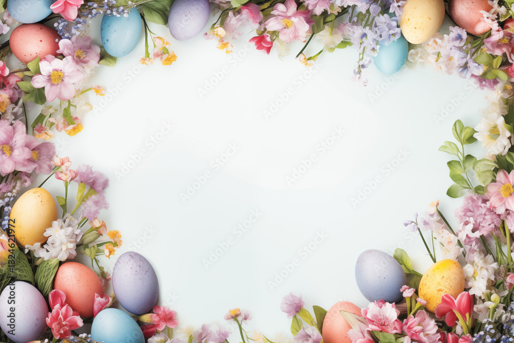 A frame border of Easter eggs and seasonal flower the cheerfulness of springtime. A frame border of Easter eggs and seasonal flower the cheerfulness of springtime.