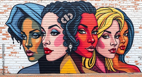 vibrant mural of female faces on brick wall