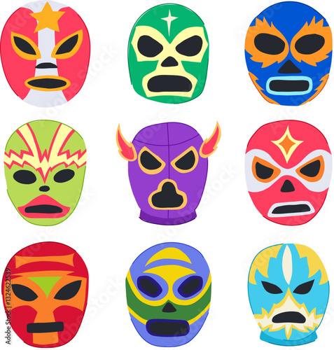 mexican luchador mask set cartoon vector illustration