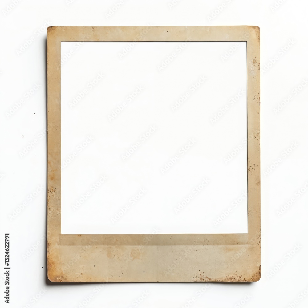 Fototapeta premium Close-up of aged empty frame on white background. Grunge retro photo frame card template with brown border. Aged paper texture. Vintage style design for digital collage.