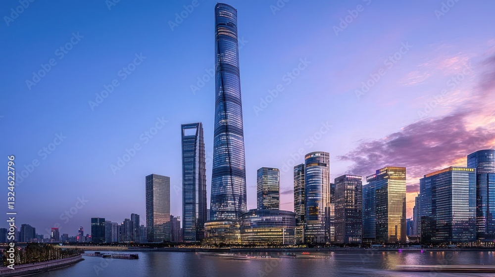Obraz premium Shanghai skyline at dusk, showcasing skyscrapers and river.