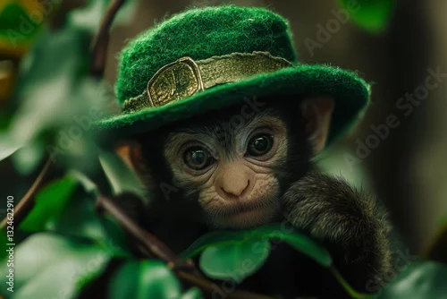 Obraz Adorable Baby Monkey Wearing a Festive Green Leprechaun Hat Among Lush Foliage