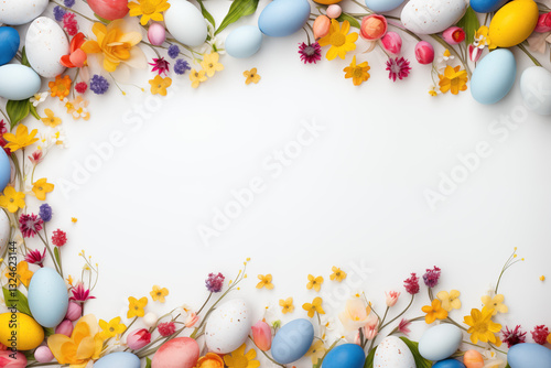 A frame border of Easter eggs  and seasonal flower the cheerfulness of springtime.