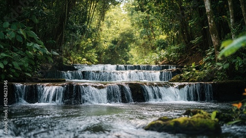 Cascading waters flow through lush foliage in a serene tropical landscape