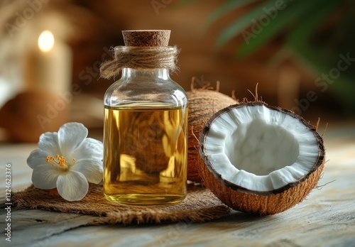Wallpaper Mural Freshly harvested coconut oil in a glass bottle surrounded by half a coconut and a white flower on a rustic wooden table with soft candle background Torontodigital.ca