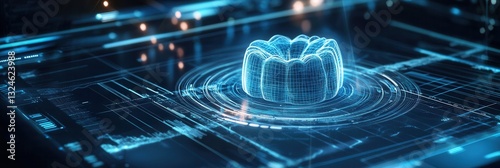 Modern holographic interface showcases a 3D rotating dental implant with digital effects and blue light scanning
