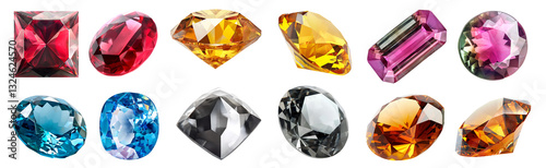 Collection of gemstone mineral rocks crystal semi-precious stones, transparent cutout PNG. Spinel, Yellow grey gray orange Diamond, blue Zircon, Tourmaline. Many style. Mockup template for artwork
