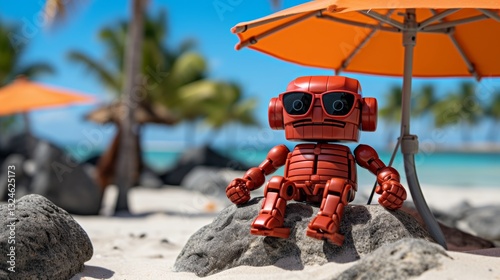 Robot relaxing on vacation  enjoying a beach getaway surrounded by minimalist umbrellas and benches