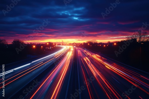 Highway at night with long exposure. Car lights streak down the road. Dark sky shows orange and purple sunset colors. Motion blur speed.