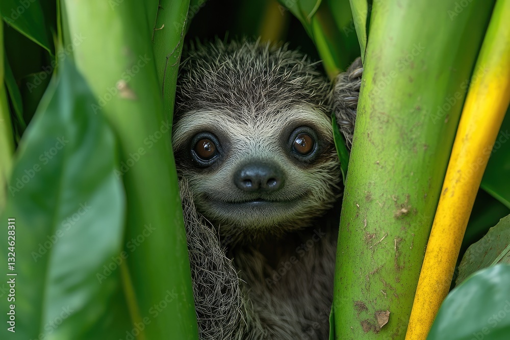 Fototapeta premium Adorable Baby Sloth Hiding Amongst Lush Green Leaves
