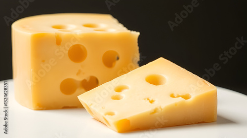 an image of a piece of cheese with holes on it, there is a piece of cheese that is on a white surface