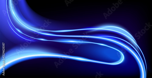 Abstract glowing blue light trails flowing across a dark background, creating a futuristic and dynamic effect.Ideal for technology themes,digital backgrounds,modern design projects.Vector illustration