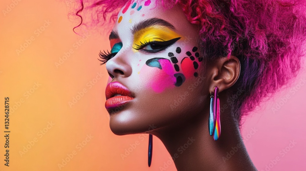 Obraz premium Young african woman with colorful artistic face paint and vibrant pink hair