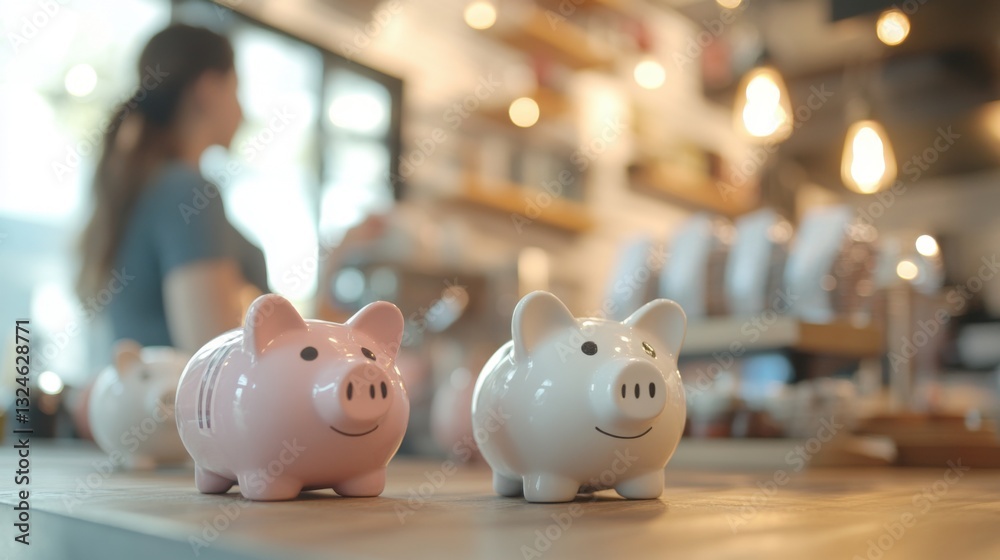 Obraz premium Piggy Banks Saving Money Coffee Shop Background