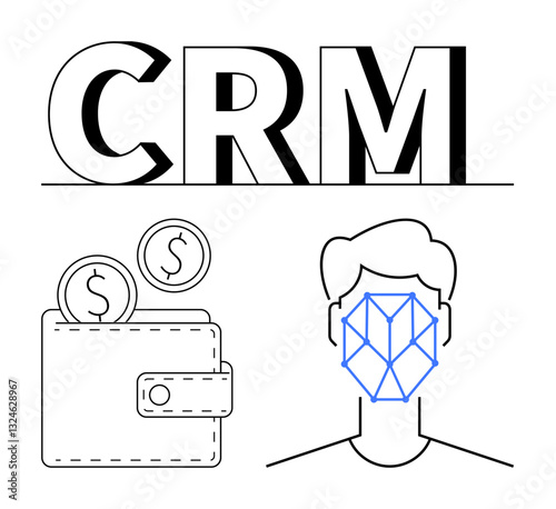Coins near wallet and facial recognition symbol over human face placed below bold text CRM. Ideal for customer management, technology, personalization, security, identification, finance