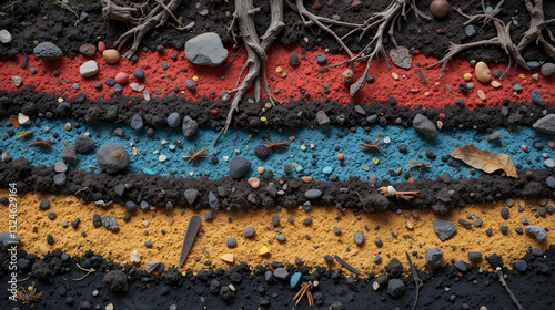 Vibrant soil layers showcasing unique textures, stones, roots, and critters in a natural environment