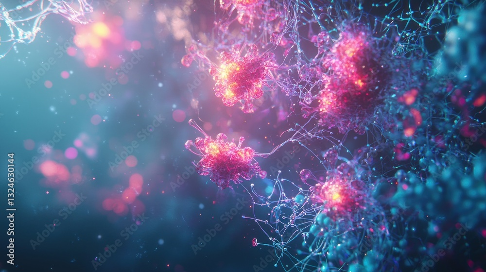 Microscopic view of vibrant cancer cells interconnected. Microscopic view of vibrant cancer cells interconnected.