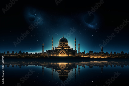 A frame of a grand mosque silhouette beneath a luminous Ramadan crescent